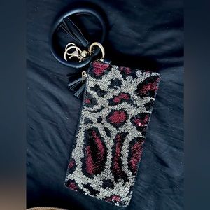 Cheetah sequin on the go wristlet with keychain